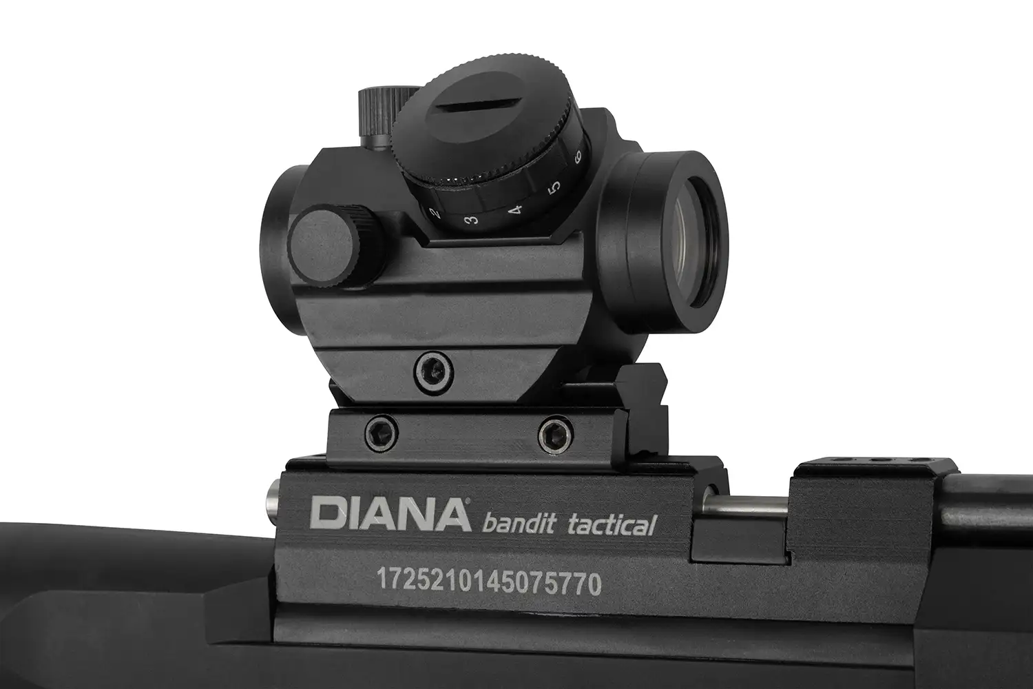Diana Bandit Tactical Gewehr in schwarz mit Schalldämpfer und Leuchtpunktvisier