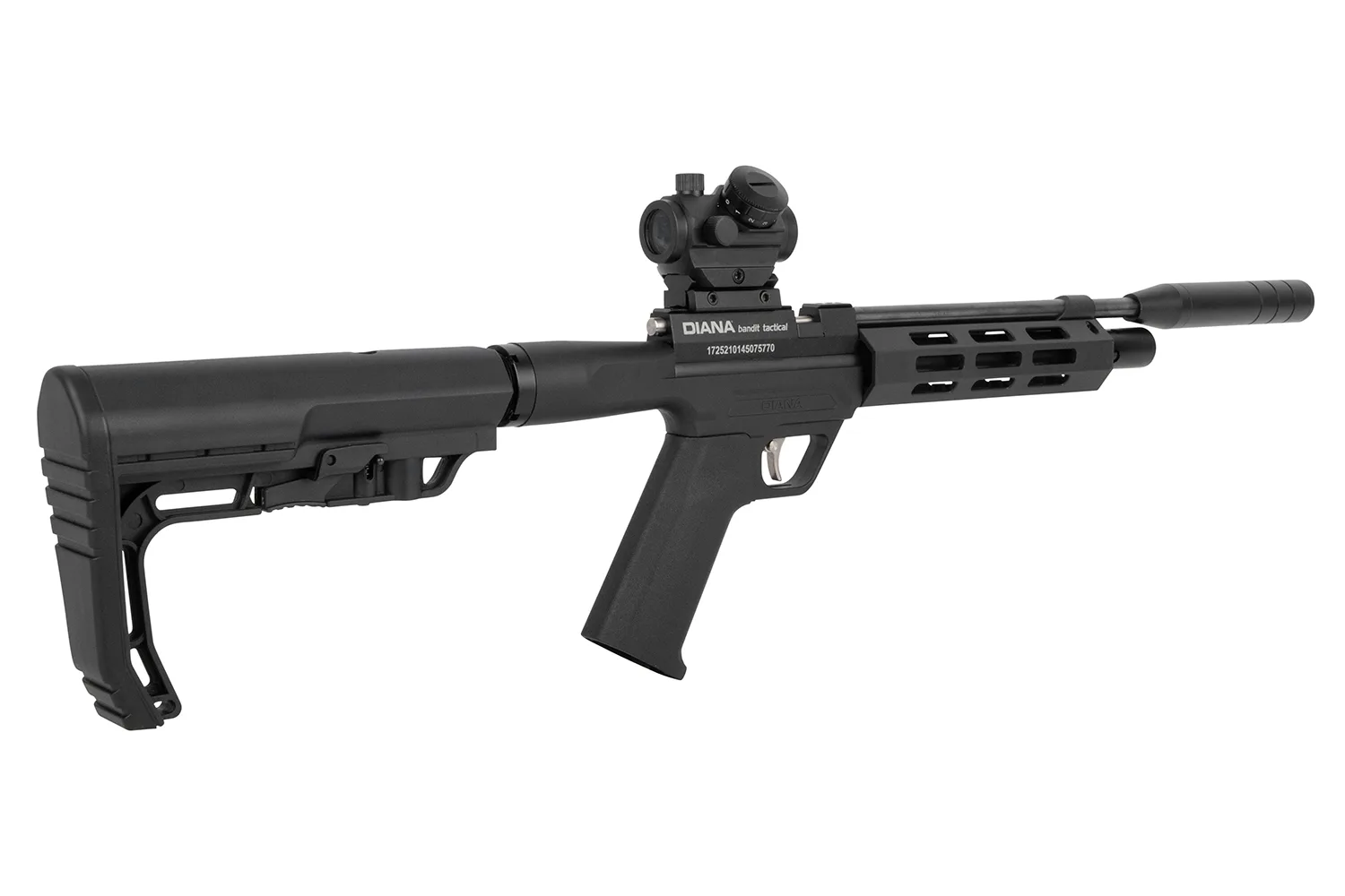 Diana Bandit Tactical Gewehr in schwarz mit Schalldämpfer und Leuchtpunktvisier