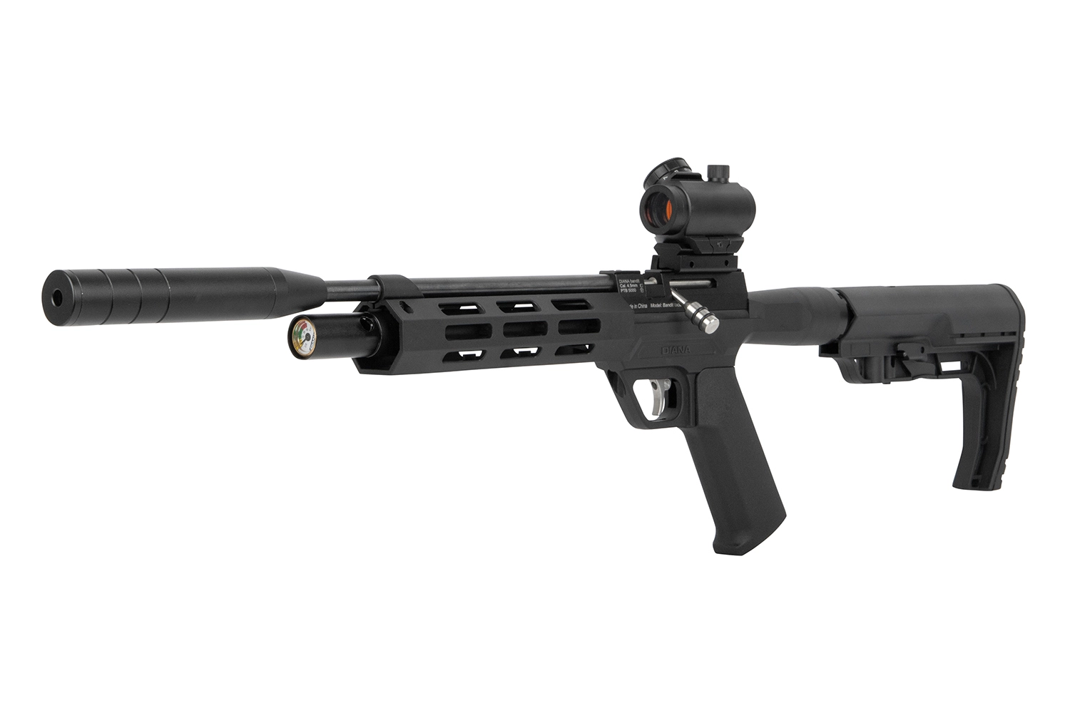 Diana Bandit Tactical Gewehr in schwarz mit Schalldämpfer und Leuchtpunktvisier