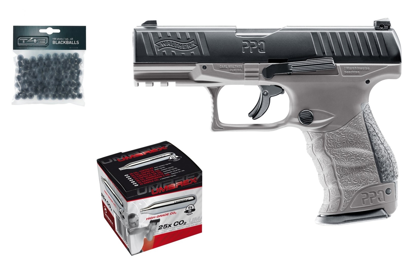 Walther PPQ M2 T4E RAM Kaliber.43 Tungsten Gray + 25 Stück Umarex CO2 Kapseln + 100 Rubberballs