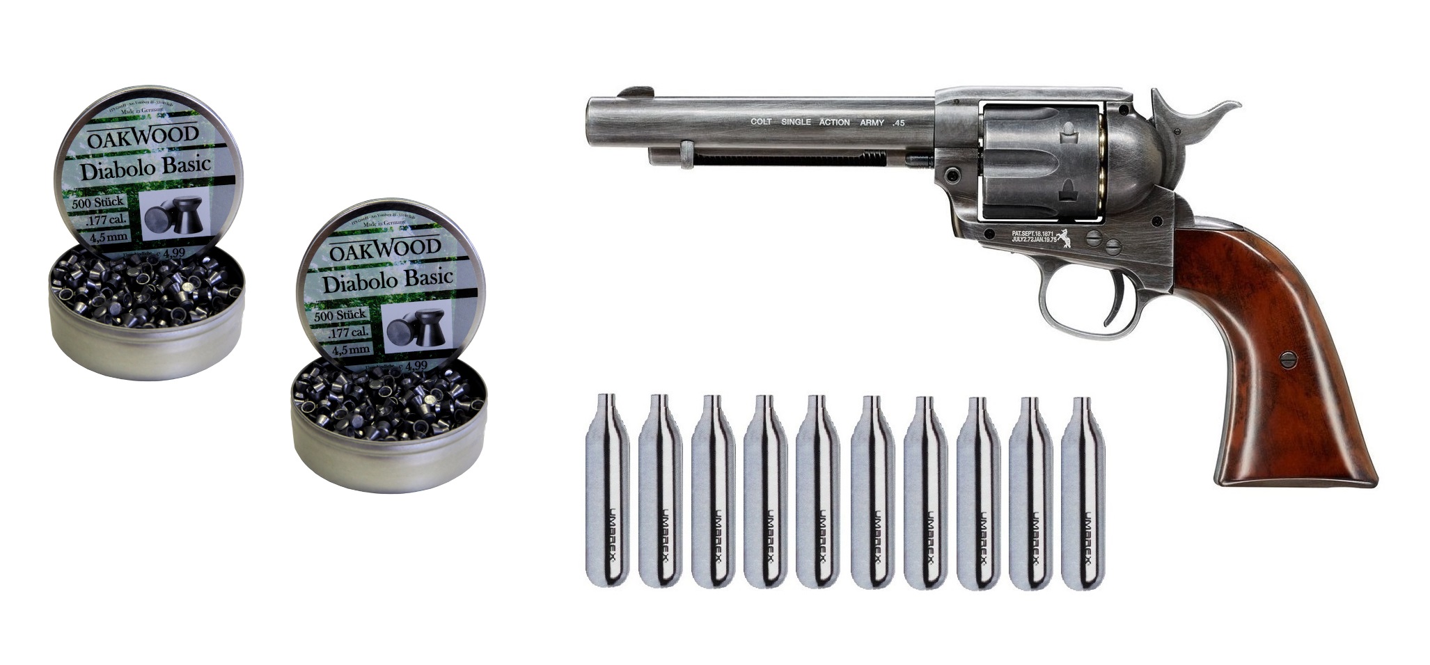 Colt Single Action Army 45-5.5" + 10 CO2 Kapseln + 2 x Oakwood Glatt Diabolos 4,5 mm