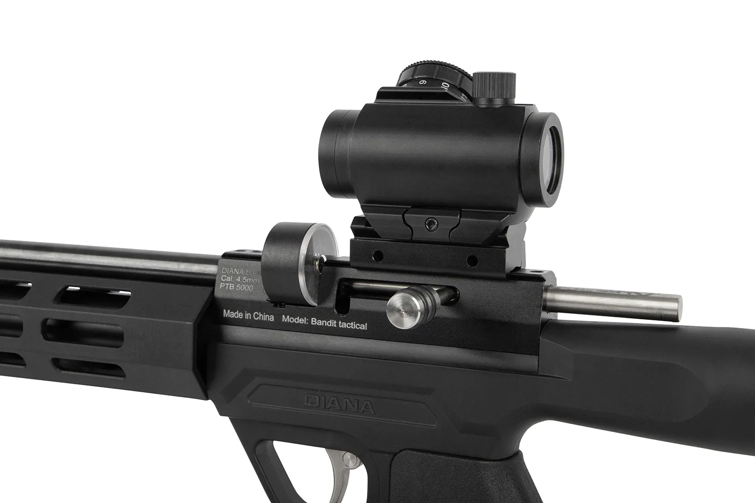 Diana Bandit Tactical Gewehr in schwarz mit Schalldämpfer und Leuchtpunktvisier