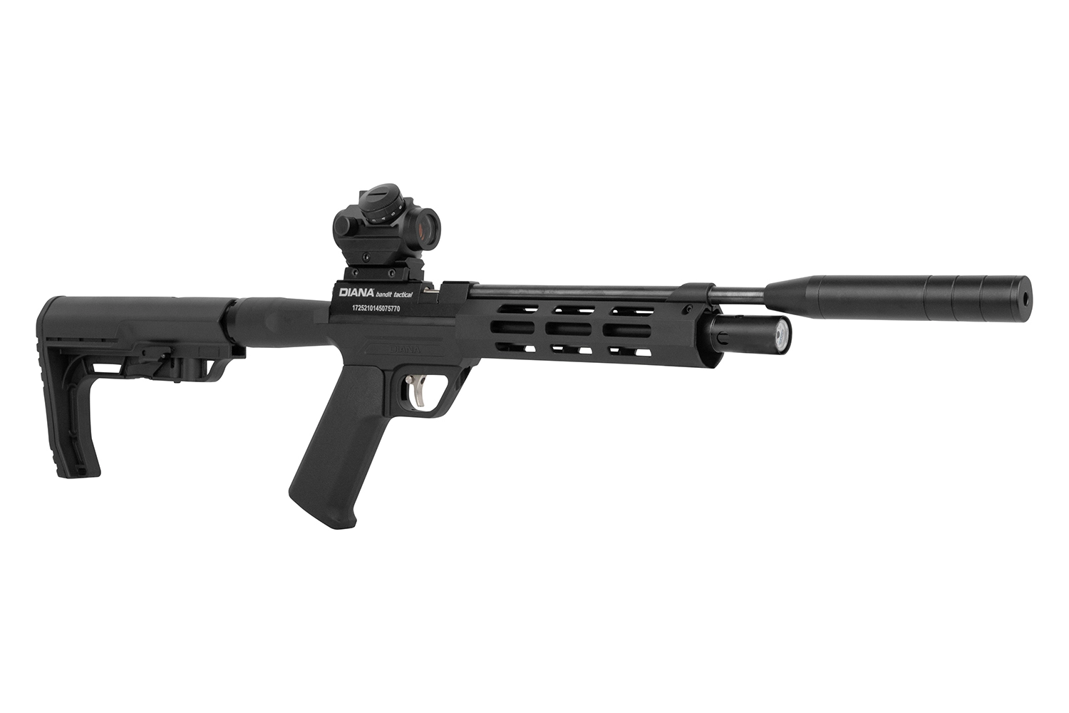 Diana Bandit Tactical Gewehr in schwarz mit Schalldämpfer und Leuchtpunktvisier