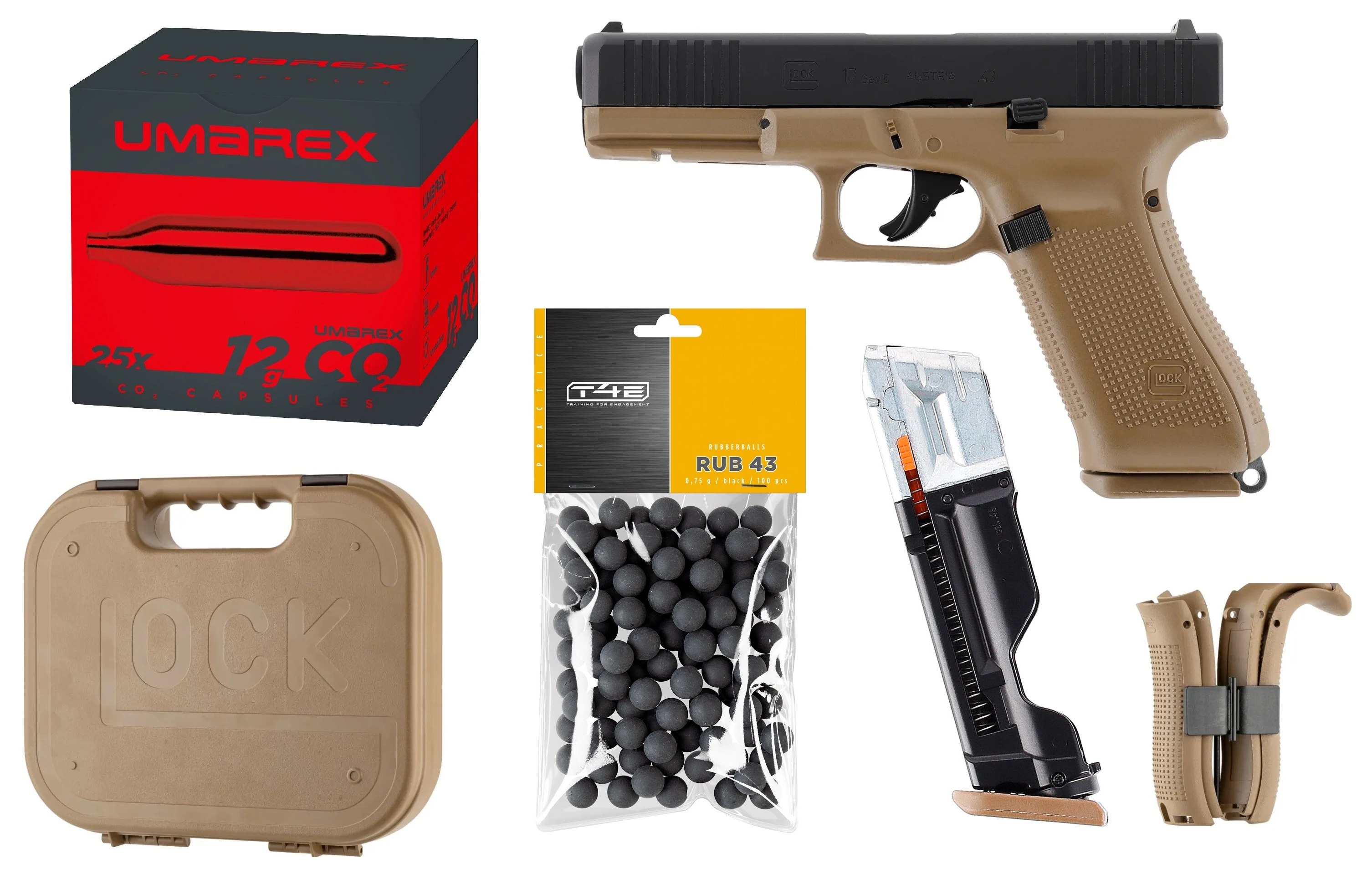 T4E GLOCK 17 Gen5 French Army + 25 Stück Umarex CO2 Kapseln + 100 Rubberballs 