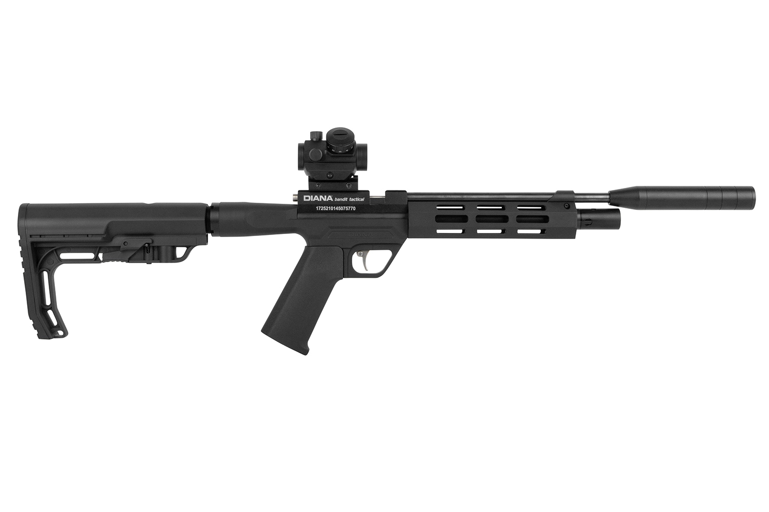 Diana Bandit Tactical Gewehr in schwarz mit Schalldämpfer und Leuchtpunktvisier