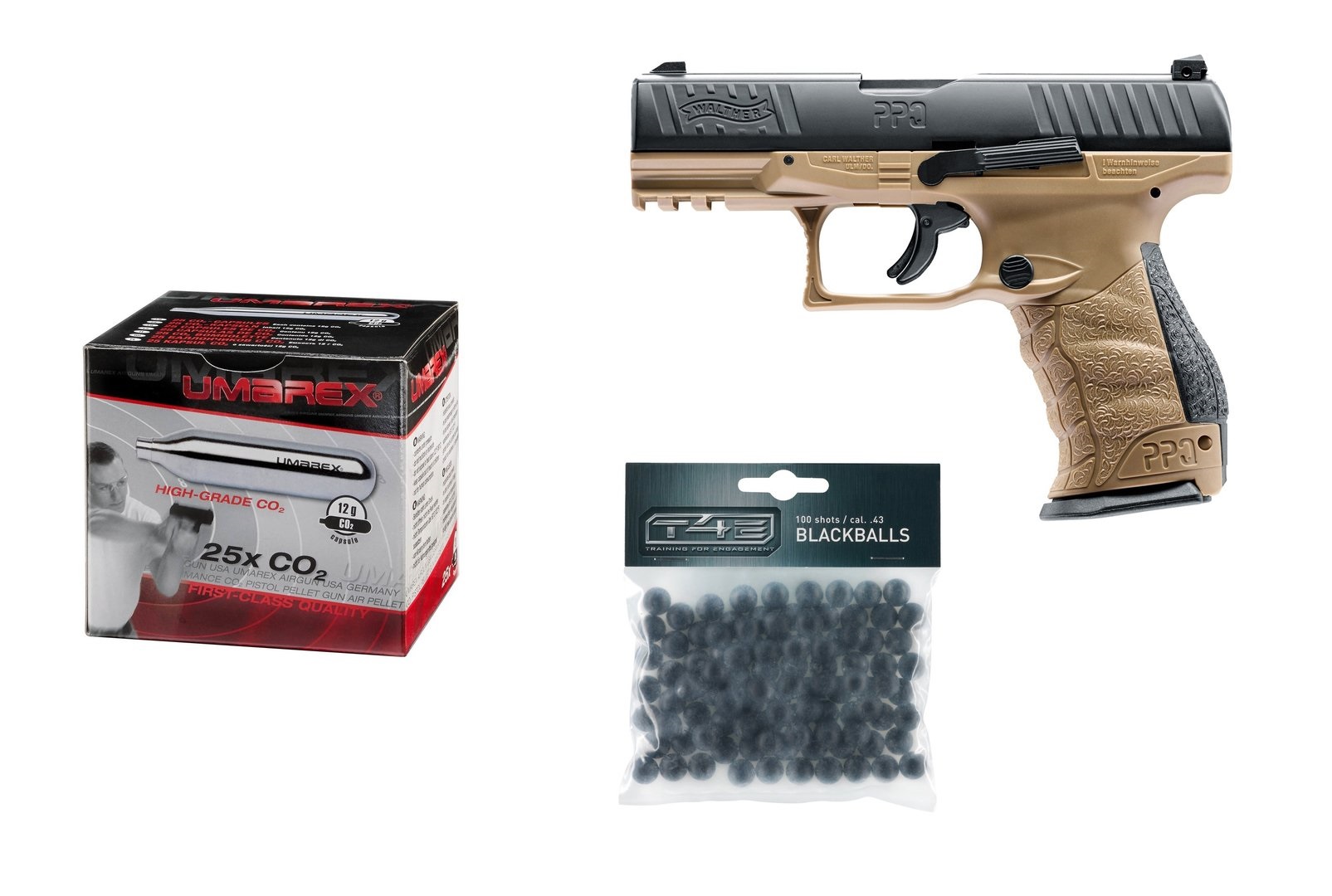 Walther PPQ M2 T4E FDE RAM Kaliber.43 + 25 Stück Umarex CO2 Kapseln + 100 Rubberballs