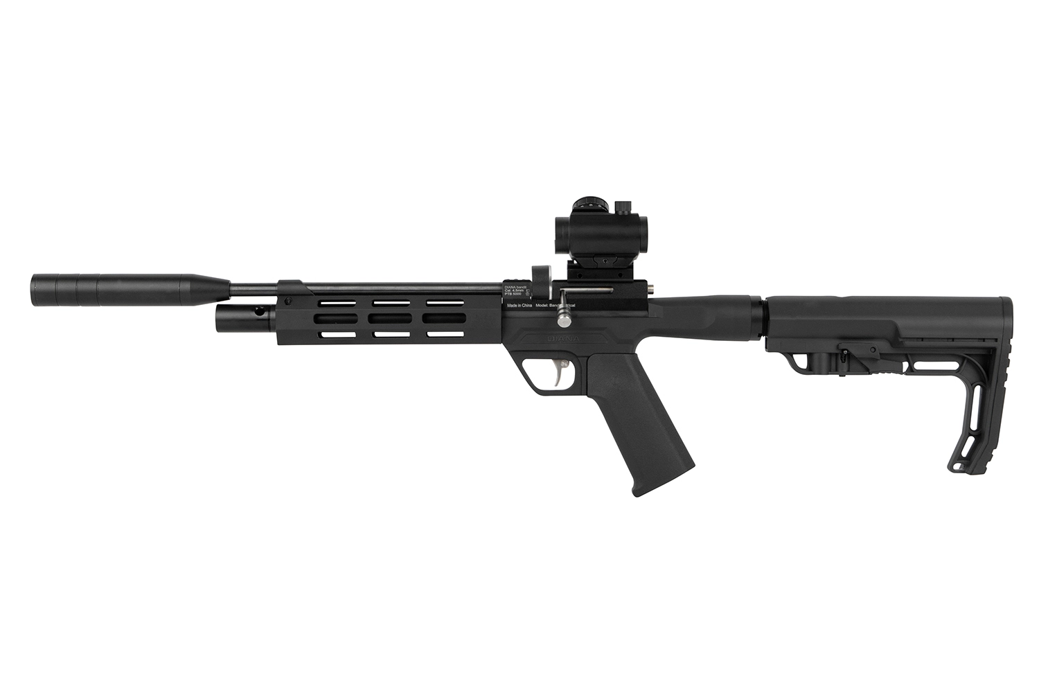 Diana Bandit Tactical Gewehr in schwarz mit Schalldämpfer und Leuchtpunktvisier