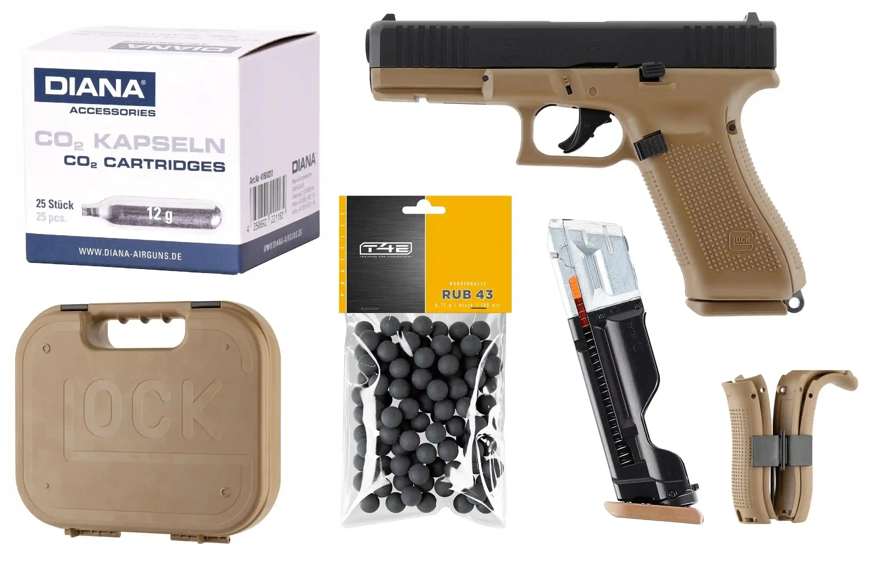 T4E GLOCK 17 Gen5 French Army + 25 Stück Diana CO2 Kapseln + 100 Rubberballs 
